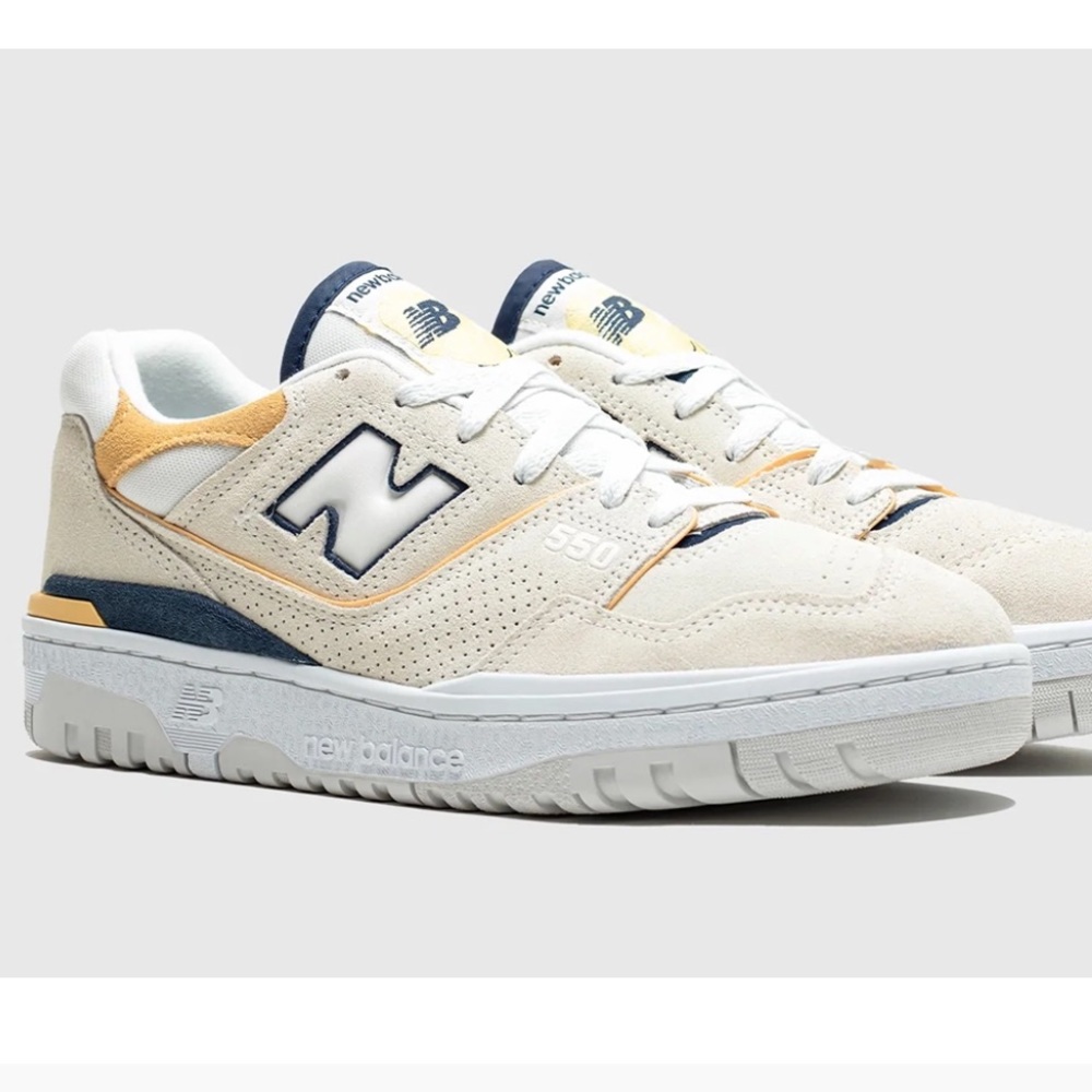 New Balance 550 Color: Sea Salt with NB Navy and Raw Sugar